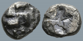 IONIA. Uncertain. (Circa 625-600 BC)
AR 1/24 stater or Obol (8.1mm 0.55g).
Obv: Swastika; above, four pellets; (or more that are off flan?)
Rev: Qu...