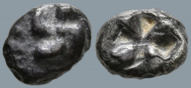 IONIA. Uncertain. (Circa 625-600 BC)
AR 1/12 Stater or Diobol (7.4mm 0.91g).
Obv: Swastika; above, two pellets; (or more that are off flan?)
Rev: Q...