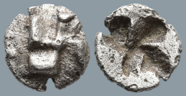 IONIA. Uncertain. (Circa 625-600 BC)
AR 1/48 Stater (6.9mm 0.23g).
Obv: Raised swastika pattern surrounded by pellets and pellet in center.
Rev: Qu...