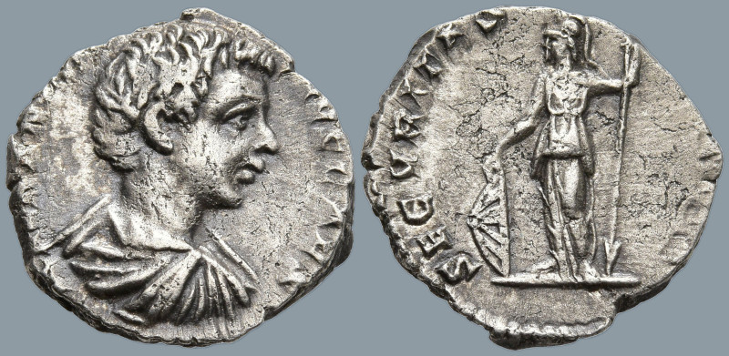 Caracalla, Caesar (196-198 AD). Laodicea ad Mare
AR Denarius (17.2mm 3.04g)
Ob...