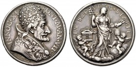 MEDAGLIE PAPALI 
 ROMA 
 Innocenzo XI (Benedetto Odescalchi), 1676-1689. Medaglia a. VII opus Hamerani. Ar gr. 23,02 mm 36 Busto a d. Rv. La Chiesa ...