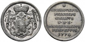 MEDAGLIE PAPALI 
 ROMA 
 Sede Vacante, Camerlengo Card. Carlo Rezzonico, 1774-1775. Medaglia 1774. Pb gr. 10,45 mm 28 Lo stemma coronato del Princip...