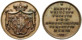 MEDAGLIE PAPALI 
 BOLOGNA 
 Leone XIII (Gioacchino Pecci), 1878-1903. Medaglia 1903 opus Paolo Pasinati. Æ gr. 10,97 mm 28,5 Lo stemma del Principe ...