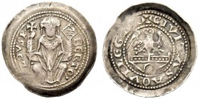 MONETE ITALIANE 
 AQUILEIA 
 Bertoldo di Merania, 1218-1251. Denaro con aquila. Ar gr. 1,39 Il patriarca seduto tiene croce e libro. Rv. Aquila sopr...