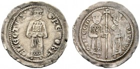 MONETE ITALIANE 
 AQUILEIA 
 Gregorio, 1251-1269. Denaro con due figure stanti. Ar gr. 1,03 Il patriarca stante in dalmatica. Rv. Due figure stanti....