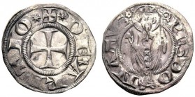 MONETE ITALIANE 
 AREZZO 
 Guglielmo degli Ubertini vescovo, 1267-1289. Grosso agontano da 2 soldi. Ar gr. 2,32 Croce patente. Rv. Il Santo, mitrato...