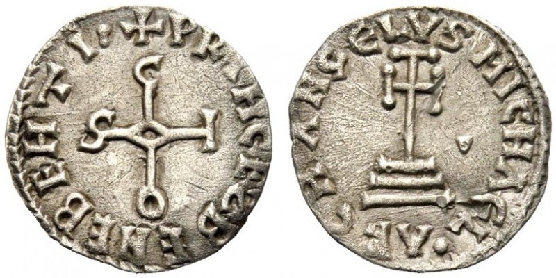 MONETE ITALIANE 
 BENEVENTO 
 Sicone Principe, 817-832. Denaro. Ar gr. 1,16 Le...