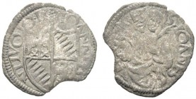 MONETE ITALIANE 
 BOLOGNA 
 Giovanni II Bentivoglio, 1495-1506. Quattrino. Æ gr. 0,73 Stemma inquartato. Rv. Mezza figura con palma. CNI IV, 64; Ch....