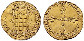 MONETE ITALIANE 
 CAMERINO 
 Giulia Varano duchessa, 1527-1534. Scudo d’oro. Au gr. 3,33 IVLIA VARANA CAMERTIVM DVX Stemma. RV. PTEGE ME A CONVENTV ...
