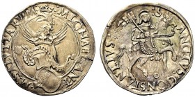 MONETE ITALIANE 
 CARMAGNOLA 
 Michele Antonio di Saluzzo, 1504-1528. Cavallotto. Ar gr. 5,23 Stemma con cimiero coronato e sormontato da drago alat...