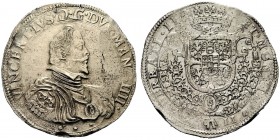 MONETE ITALIANE 
 CASALE 
 Vincenzo I, 1587-1612. Ducatone da 12 bianchi. Ar gr. 26,38 Busto con collare del Redentore, a d. Rv. Stemma con gli ordi...