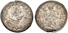 MONETE ITALIANE 
 FIRENZE 
 Ferdinando II de'Medici, 1621-1670. Testone 1636. Ar gr. 9,12 Busto adulto drappeggiato e corazzato a d. Rv. S. Giovanni...