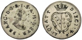 MONETE ITALIANE 
 FIRENZE 
 Francesco II (III) di Lorena, 1737-1765. Doppia Crazia da 10 Quattrini 1764. Mi gr. 2,10 Busto a d. laureato. Rv. Stemma...