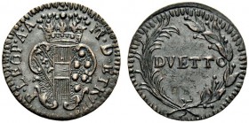 MONETE ITALIANE 
 FIRENZE 
 Pietro Leopoldo di Lorena, 1765-1792. Duetto da 8 denari. Æ gr. 1,31 Stemma in cornice barocca. Rv. Scritta tra due rami...