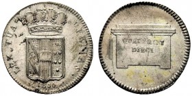 MONETE ITALIANE 
 FIRENZE 
 Ferdinando III di Lorena, 1792-1801. Dieci Quattrini 1800. Mi gr. 1,84 Scudo stretto di forma sannitica. Rv. Valore sopr...