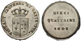 MONETE ITALIANE 
 FIRENZE 
 Ludovico I di Borbone, 1801-1803. Dieci Quattrini 1802, III serie. Mi gr. 1,74 Scudo semiovale coronato. Rv. Valore in t...