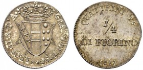 MONETE ITALIANE 
 FIRENZE 
 Leopoldo II di Lorena, 1824-1859. 1/4 di Fiorino 1827. Ar gr. 1,69 Come precedente. Galeotti XIII; Pag. 154; Gig. 45.
 ...