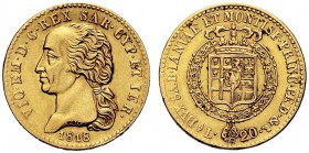SAVOIA 
 Vittorio Emanuele I, Re di Sardegna, 1802-1821. 20 Lire 1818 Torino. Au Come precedente. Pag. 6; Gig. 13.
 Raro. Buon BB/q. SPL