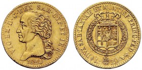 SAVOIA 
 Vittorio Emanuele I, Re di Sardegna, 1802-1821. 20 Lire 1820 Torino. Au Come precedente. Pag. 8; Gig. 15.
 Raro. Colpetto. q. SPL