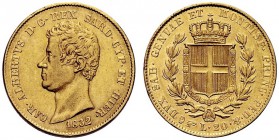 SAVOIA 
 Carlo Alberto, Re di Sardegna, 1831-1849. 20 Lire 1832 Torino liscio. Au Come precedente. Pag. 176a; Gig. 21.
 Raro. Buon BB