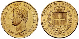 SAVOIA 
 Carlo Alberto, Re di Sardegna, 1831-1849. 20 Lire 1834 Torino. Au Come precedente. Pag. 180; Gig. 24.
 q. SPL