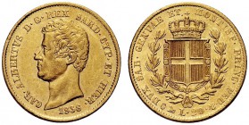 SAVOIA 
 Carlo Alberto, Re di Sardegna, 1831-1849. 20 Lire 1838 Genova. Au Come precedente. Pag. 186; Gig. 28.
 BB/SPL
