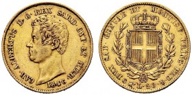 SAVOIA 
 Carlo Alberto, Re di Sardegna, 1831-1849. 20 Lire 1846 Torino. Au Come precedente. Pag. 203; Gig. 39.
 Molto Raro. Buon BB