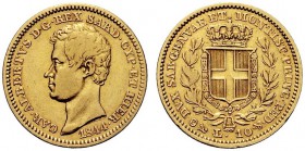 SAVOIA 
 Carlo Alberto, Re di Sardegna, 1831-1849. 10 Lire 1844 Genova. Au. Pag. 222; Gig. 49.
 Molto Raro. Buon BB