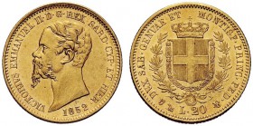 SAVOIA 
 Vittorio Emanuele II, Re di Sardegna, 1849-1861. 20 Lire 1852 Genova. Au Come precedente. Pag. 341; Gig. 5.
 Più che SPL/q. FDC