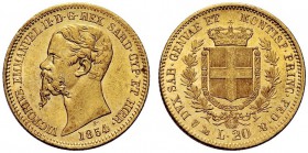 SAVOIA 
 Vittorio Emanuele II, Re di Sardegna, 1849-1861. 20 Lire 1854 Genova. Au Come precedente. Pag. 345; Gig. 8.
 Lievi segni di contatto. q. FD...