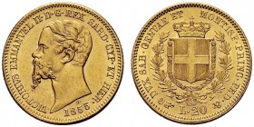 SAVOIA 
 Vittorio Emanuele II, Re di Sardegna, 1849-1861. 20 Lire 1855 Torino. Au Come precedente. Pag. 347; Gig. 10.
 Bello SPL/q. FDC
