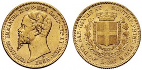 SAVOIA 
 Vittorio Emanuele II, Re di Sardegna, 1849-1861. 20 Lire 1855 Torino. Au Come precedente. Pag. 347a; Gig. 10a.
 Minimi segni di contatto. B...