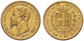 SAVOIA 
 Vittorio Emanuele II, Re di Sardegna, 1849-1861. 20 Lire 1856 Torino. Au Come precedente. Pag. 349; Gig. 12.
 Rarissimo. Buon BB