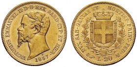 SAVOIA 
 Vittorio Emanuele II, Re di Sardegna, 1849-1861. 20 Lire 1857 Torino. Au Come precedente. Pag. 351; Gig. 14.
 Colpetto. q. SPL