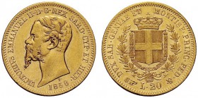 SAVOIA 
 Vittorio Emanuele II, Re di Sardegna, 1849-1861. 20 Lire 1858 Torino. Au Come precedente. Pag. 353; Gig. 16.
 Molto Raro. Buon BB/q. SPL