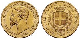 SAVOIA 
 Vittorio Emanuele II, Re di Sardegna, 1849-1861. 20 Lire 1859 Genova. Au Come precedente. Pag. 354; Gig. 17.
 Bello SPL/q. FDC