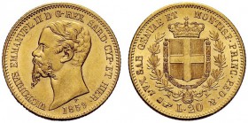 SAVOIA 
 Vittorio Emanuele II, Re di Sardegna, 1849-1861. 20 Lire 1859 Torino. Au Come precedente. Pag. 355; Gig. 18.
 q. FDC