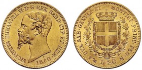 SAVOIA 
 Vittorio Emanuele II, Re di Sardegna, 1849-1861. 20 Lire 1860 Genova. Au Come precedente. Pag. 356; Gig. 19.
 FDC
