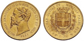 SAVOIA 
 Vittorio Emanuele II, Re di Sardegna, 1849-1861. 20 Lire 1861 Torino. Au Come precedente. Pag. 359; Gig. 22.
 Minimi segni di contatto. SPL...