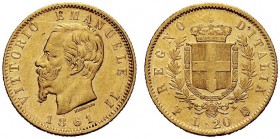 SAVOIA 
 Vittorio Emanuele II, Re d’Italia, 1861-1878. 20 Lire 1861 Torino, T su F. Au Come precedente. Pag. 455a; Gig. 5a.
 Raro. BB/SPL