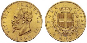 SAVOIA 
 Vittorio Emanuele II, Re d’Italia, 1861-1878. 20 Lire 1865 Torino. Au Come precedente. Pag. 459; Gig. 9.
 FDC