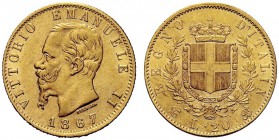 SAVOIA 
 Vittorio Emanuele II, Re d’Italia, 1861-1878. 20 Lire 1867 Torino. Au Come precedente. Pag. 461; Gig. 11.
 Colpetto. SPL