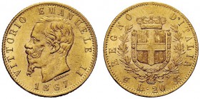 SAVOIA 
 Vittorio Emanuele II, Re d’Italia, 1861-1878. 20 Lire 1867 Torino. Au Come precedente. Pag. 461; Gig. 11.
 SPL
