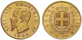 SAVOIA 
 Vittorio Emanuele II, Re d’Italia, 1861-1878. 20 Lire 1868 Torino. Au Come precedente. Pag. 462; Gig. 12.
 BB/SPL