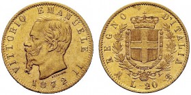 SAVOIA 
 Vittorio Emanuele II, Re d’Italia, 1861-1878. 20 Lire 1872 Milano. Au Come precedente. Pag. 467; Gig. 17.
 Molto Raro. Fondi brillanti. SPL...