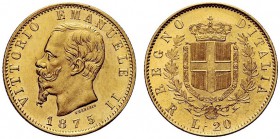 SAVOIA 
 Vittorio Emanuele II, Re d’Italia, 1861-1878. 20 Lire 1875 Roma. Au Come precedente. Pag. 472; Gig. 22.
 Raro. q. FDC