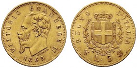 SAVOIA 
 Vittorio Emanuele II, Re d’Italia, 1861-1878. 5 Lire 1863 Torino. Au Testa a s. Rv. Stemma di Savoia coronato con il Collare dell’Annunziata...