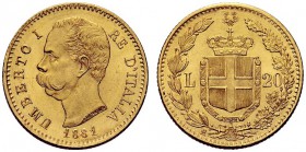 SAVOIA 
 Umberto I, Re d’Italia, 1878-1900. 20 Lire 1881. Au Come precedente. Pag. 577; Gig. 11.
 q. FDC
