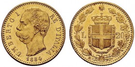 SAVOIA 
 Umberto I, Re d’Italia, 1878-1900. 20 Lire 1884. Au Come precedente. Pag. 580; Gig. 14.
 Molto Raro. Minimo colpetto. SPL