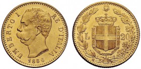 SAVOIA 
 Umberto I, Re d’Italia, 1878-1900. 20 Lire 1886. Au Come precedente. Pag. 582; Gig. 16.
 q. FDC